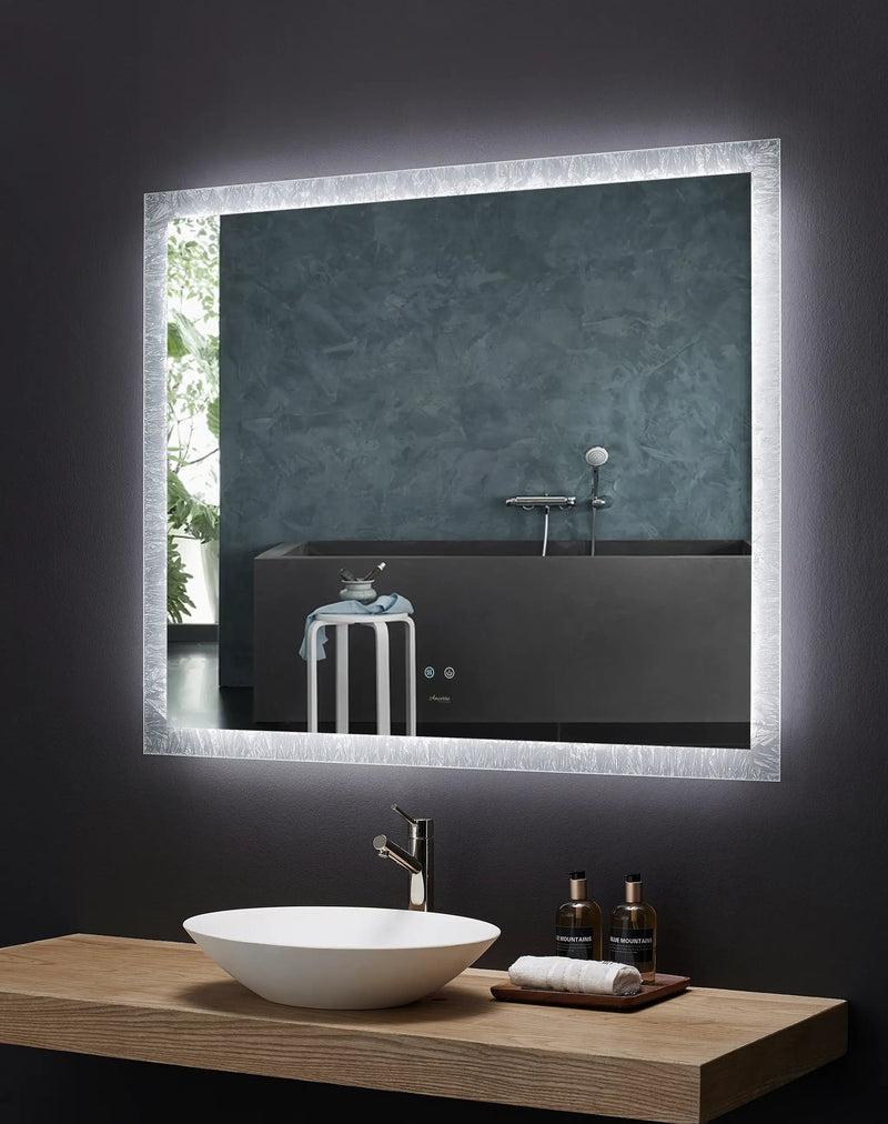 Frysta LED Frameless Rectangular Mirror Lighted Bathroom Vanity with Dimmer and Defogger by Ancerre Designs