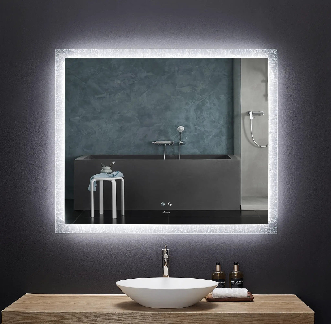 Frysta LED Frameless Rectangular Mirror Lighted Bathroom Vanity with Dimmer and Defogger by Ancerre Designs