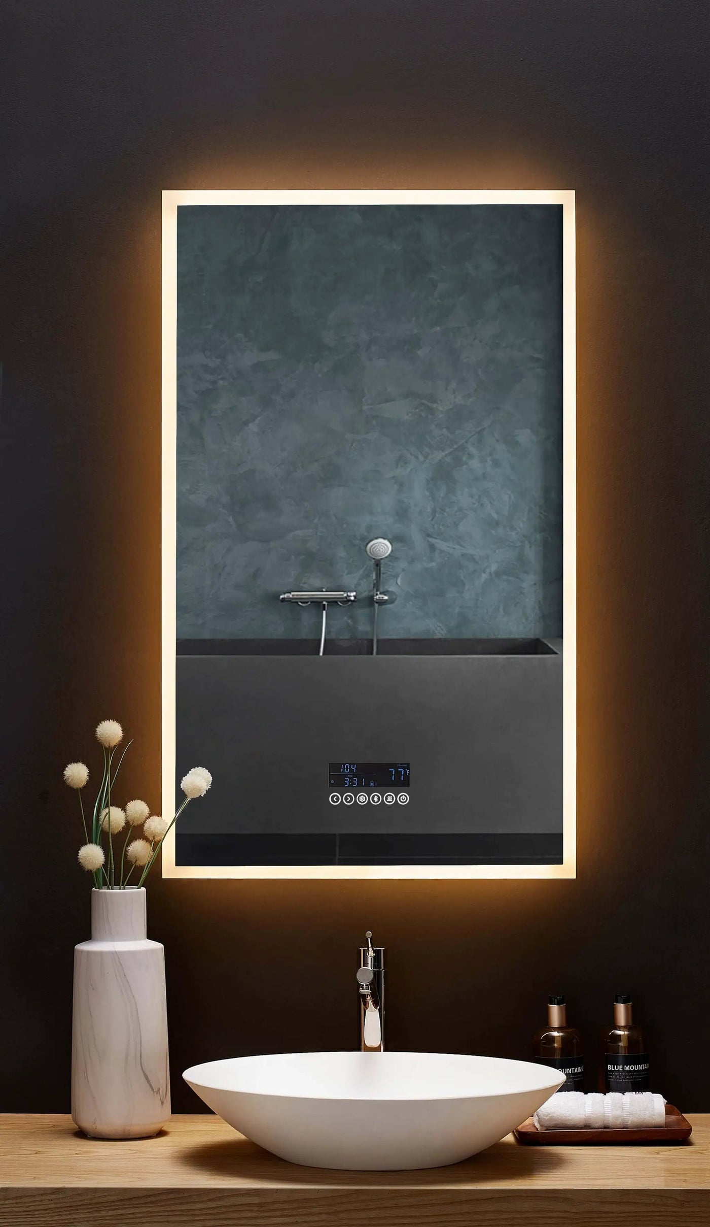Immersion LED Lighted Bathroom Vanity Mirror with Bluetooth, Defogger, and Digital Display by Ancerre Designs