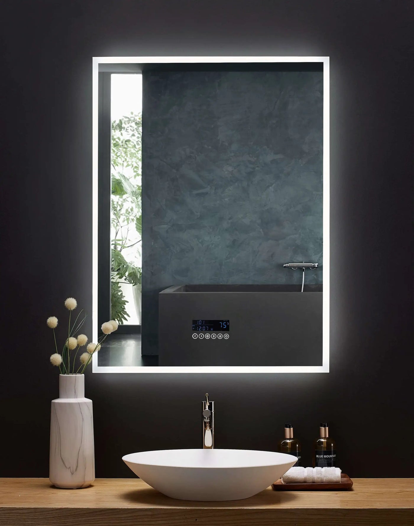 Immersion LED Lighted Bathroom Vanity Mirror with Bluetooth, Defogger, and Digital Display by Ancerre Designs
