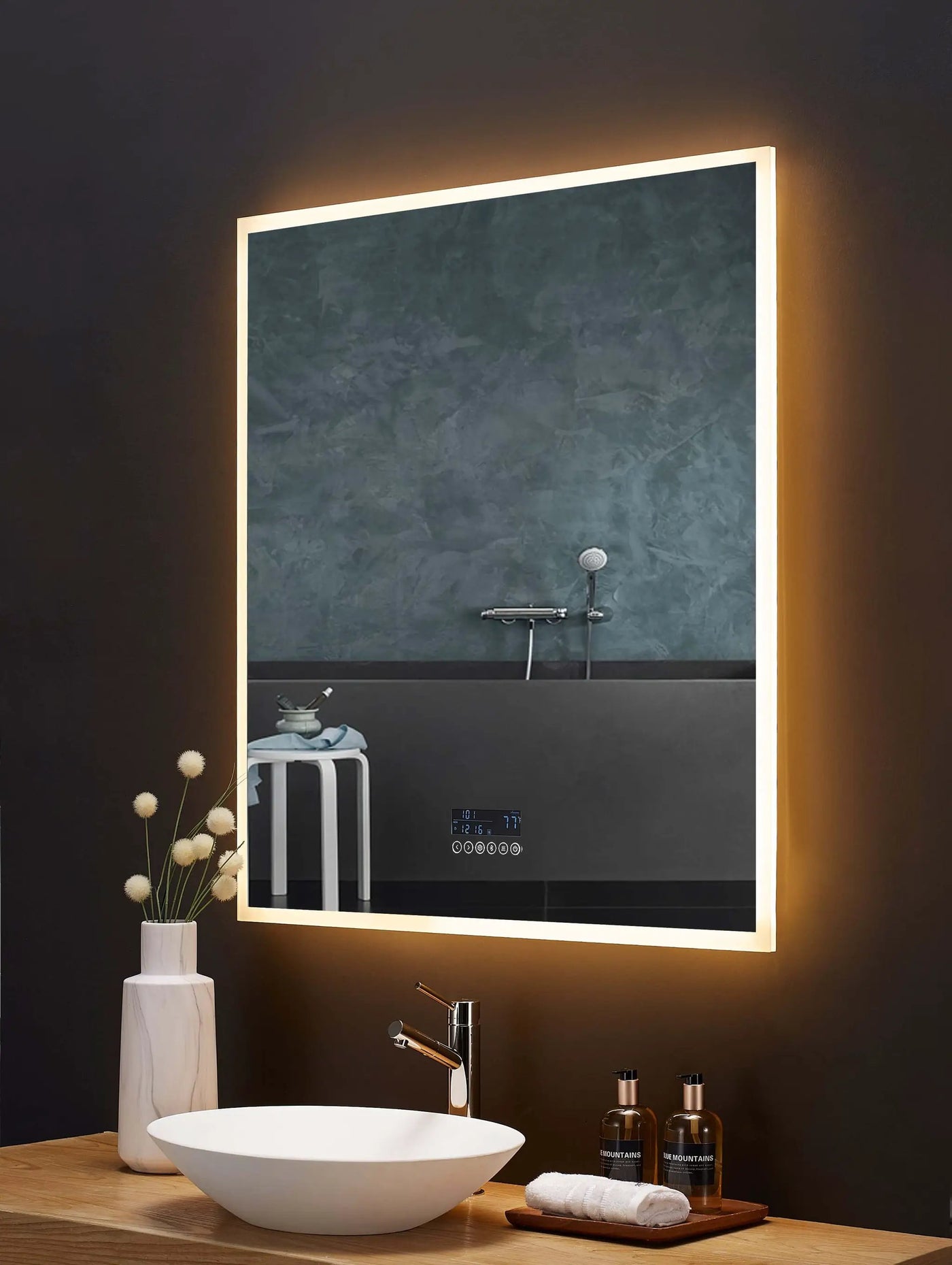 Immersion LED Lighted Bathroom Vanity Mirror with Bluetooth, Defogger, and Digital Display by Ancerre Designs