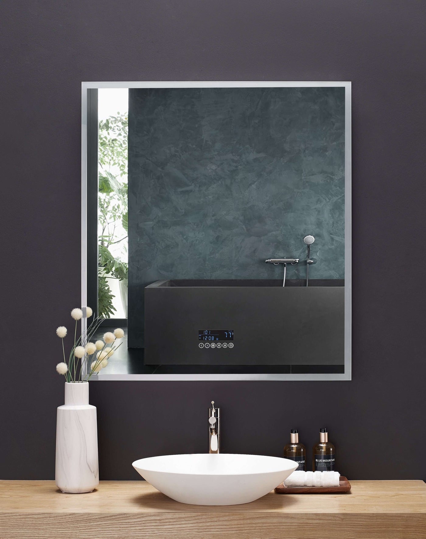 Immersion LED Lighted Bathroom Vanity Mirror with Bluetooth, Defogger, and Digital Display by Ancerre Designs