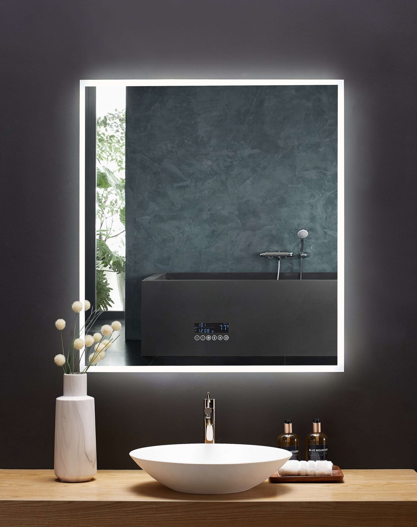 Immersion LED Lighted Bathroom Vanity Mirror with Bluetooth, Defogger, and Digital Display by Ancerre Designs