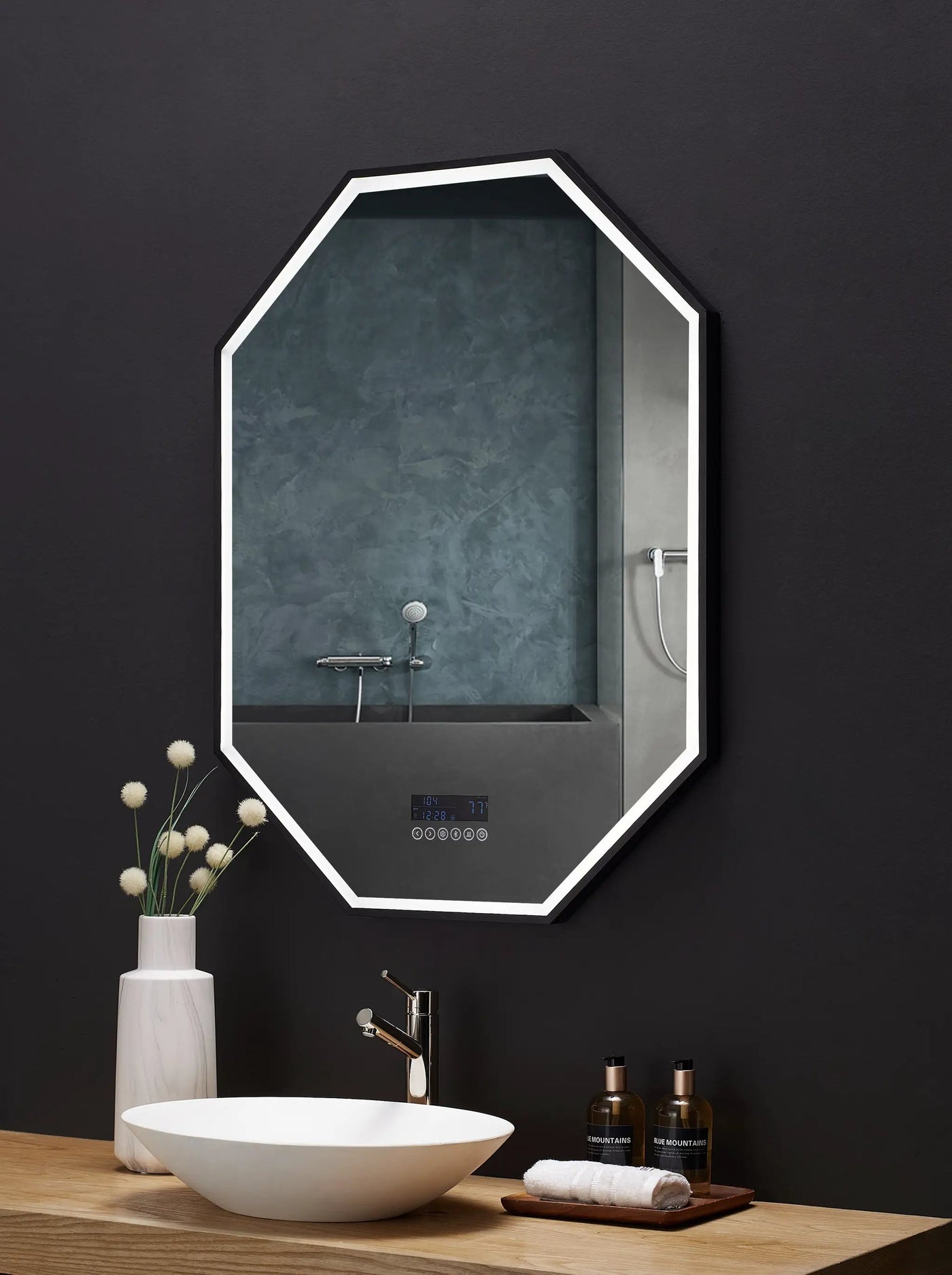 Otto LED Octagon Black Framed Lighted Bathroom Vanity Mirror with Bluetooth and Digital Display by Ancerre Designs