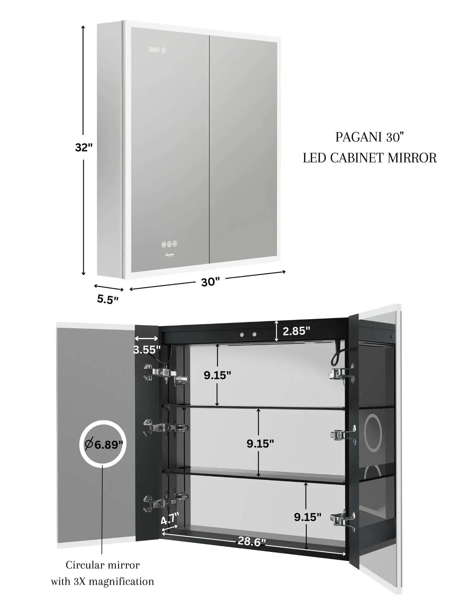 Pagani LED Mirror Cabinet with Defogger, Dimmer, Magnifier & USB outlet by Ancerre Designs