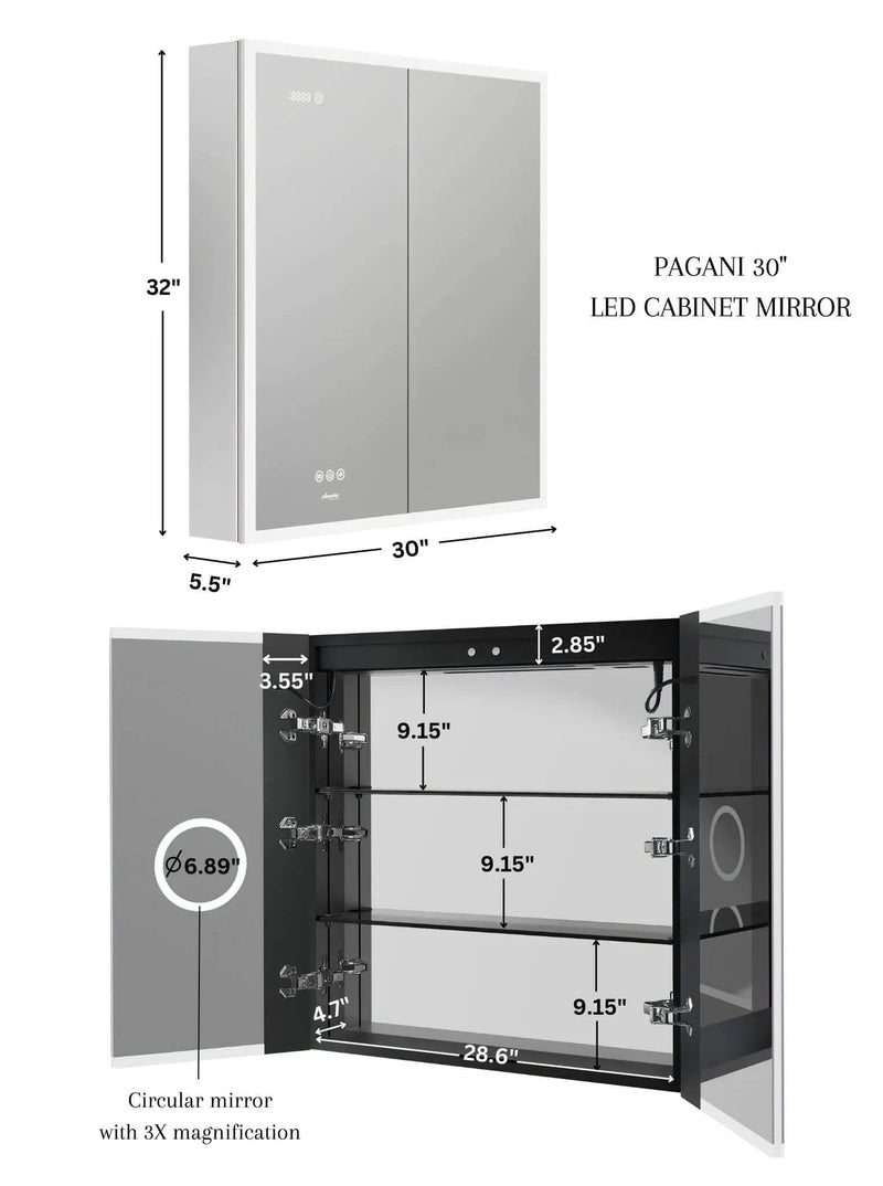 Pagani LED Mirror Cabinet with Defogger, Dimmer, Magnifier & USB outlet by Ancerre Designs