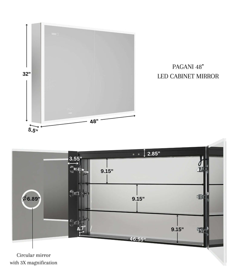 Pagani LED Mirror Cabinet with Defogger, Dimmer, Magnifier & USB outlet by Ancerre Designs