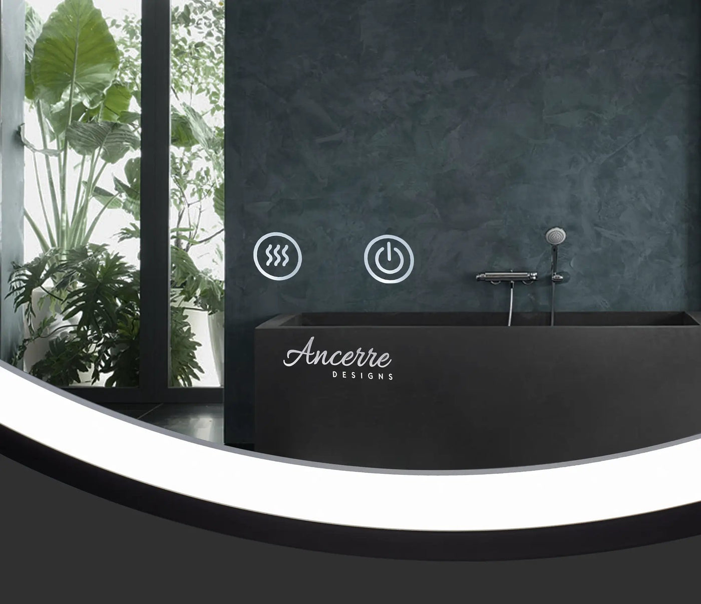 Sangle Round LED Mirror Black Framed Lighted Bathroom Vanity Mirror and Vegan Leather Strap by Ancerre Designs