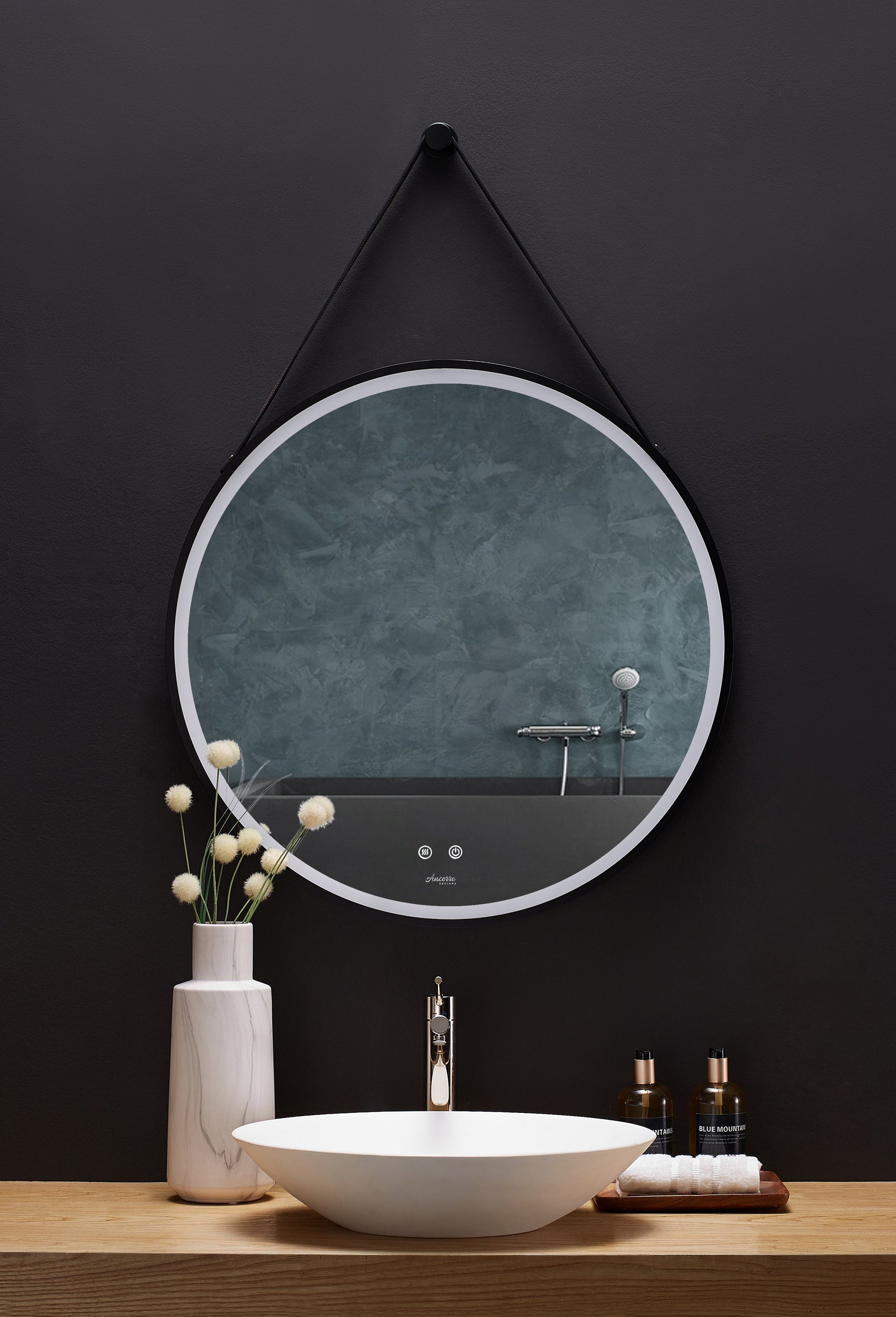 Sangle Round LED Mirror Black Framed Lighted Bathroom Vanity Mirror and Vegan Leather Strap by Ancerre Designs
