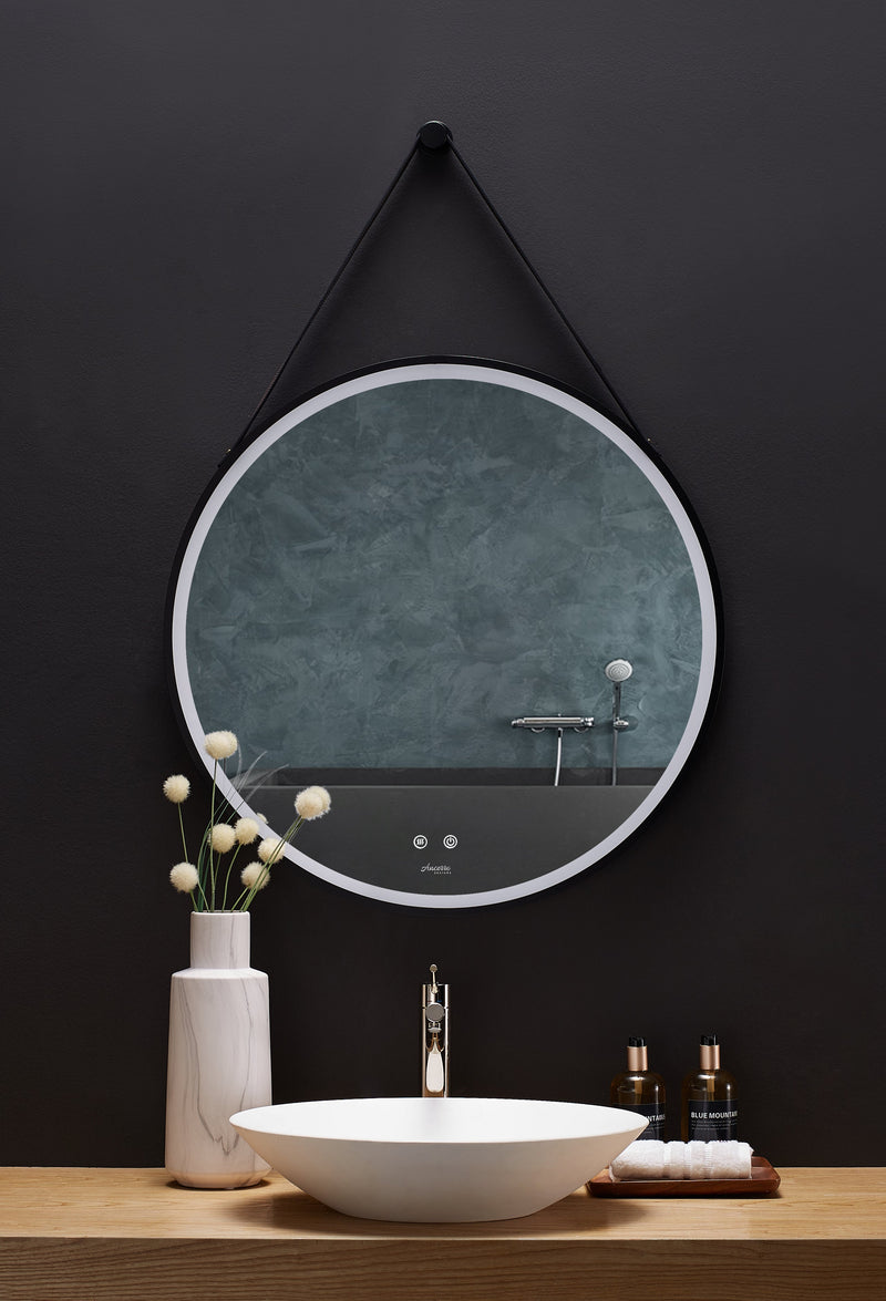 Sangle Round LED Mirror Black Framed Lighted Bathroom Vanity Mirror and Vegan Leather Strap by Ancerre Designs