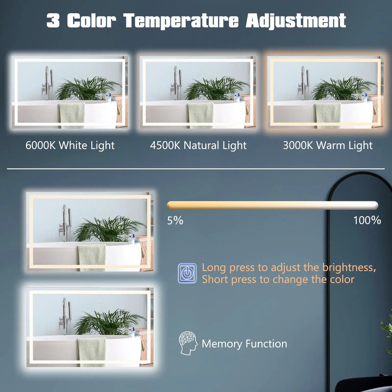 LED Bathroom Mirror Wall Mounted Rectangle Mirror with 3-Color Dimmable Lights by DirectDeals