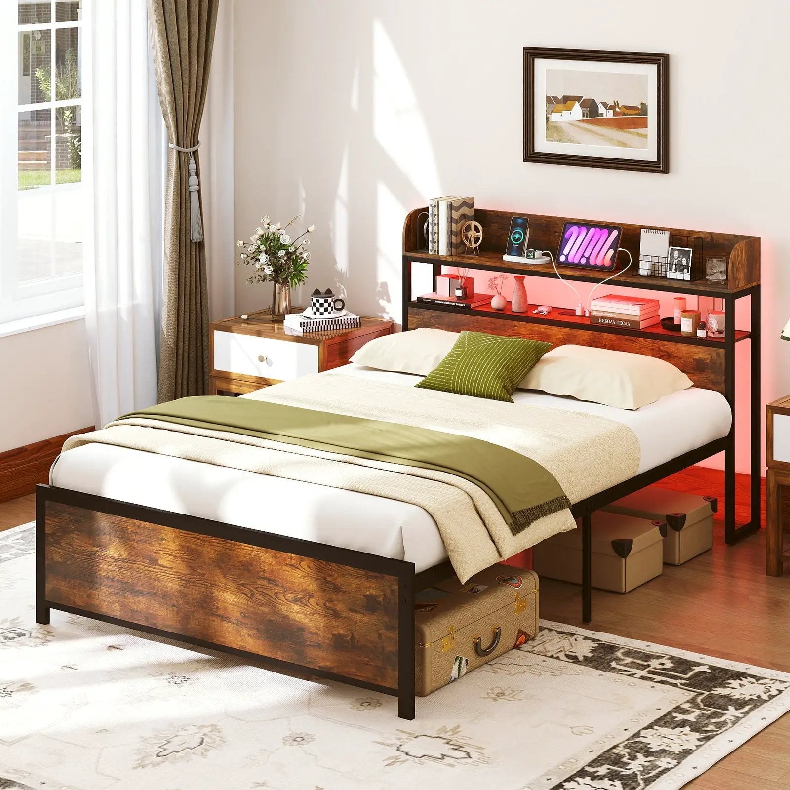 LED Bed Frame with Power Outlets and Storage Headboard-Full Size by DirectDeals