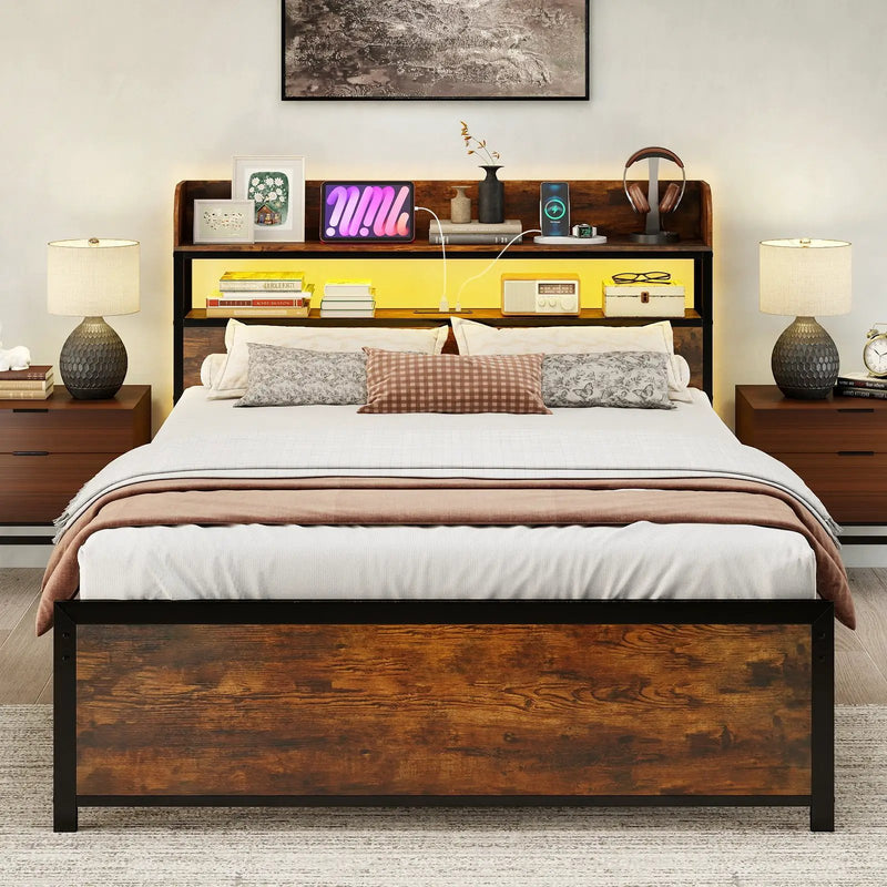 LED Bed Frame with Power Outlets and Storage Headboard-Full Size by DirectDeals