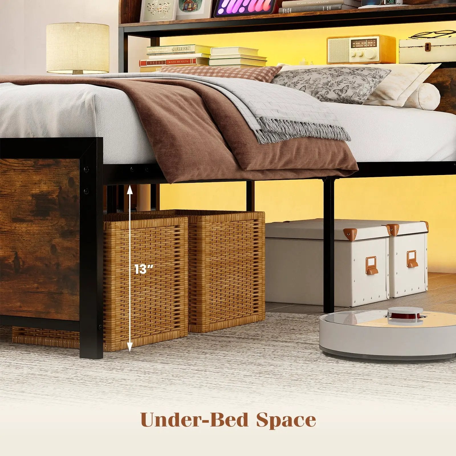LED Bed Frame with Power Outlets and Storage Headboard-Full Size by DirectDeals