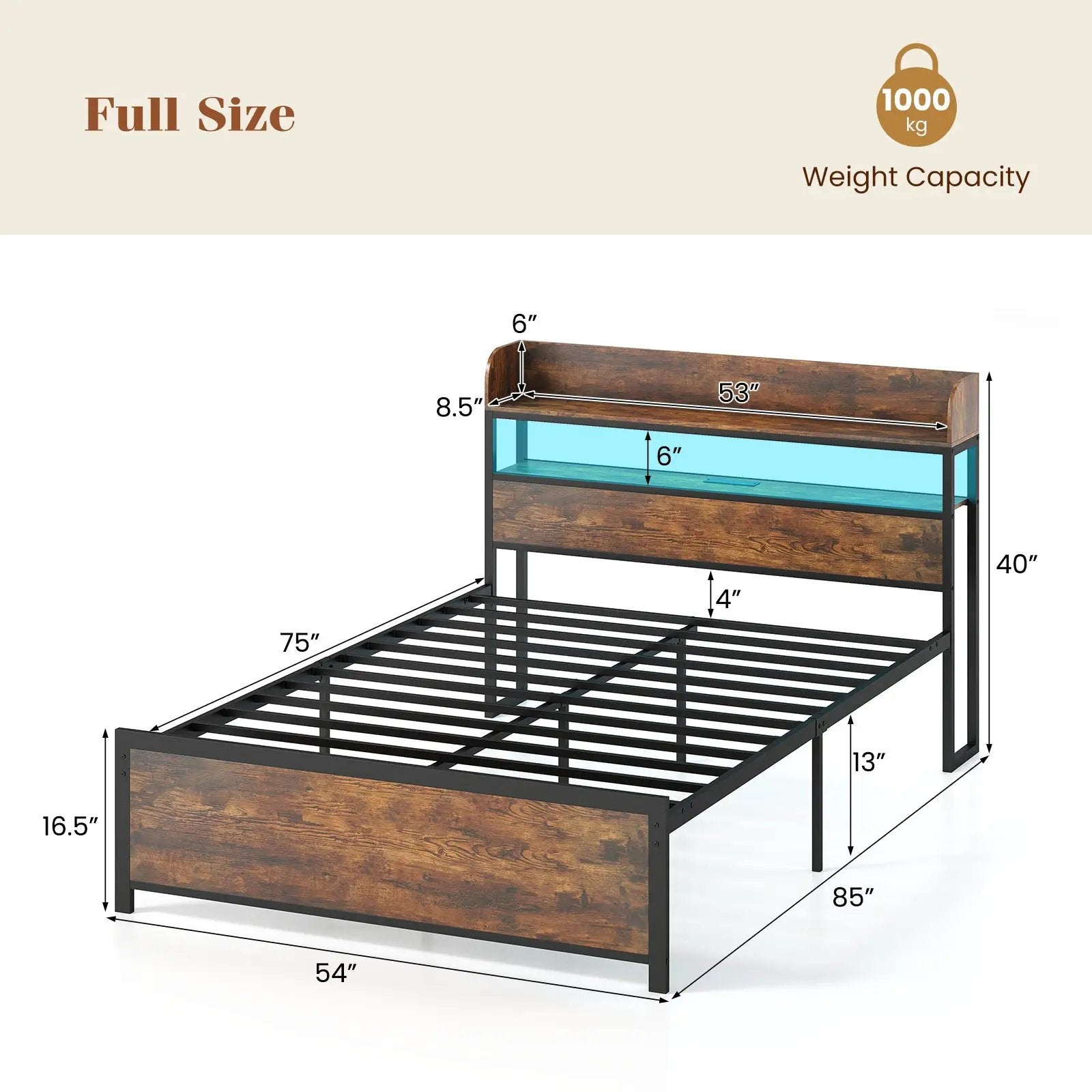 LED Bed Frame with Power Outlets and Storage Headboard-Full Size by DirectDeals