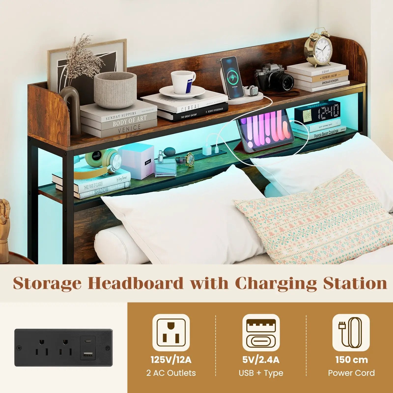 LED Bed Frame with Power Outlets and Storage Headboard-Full Size by DirectDeals