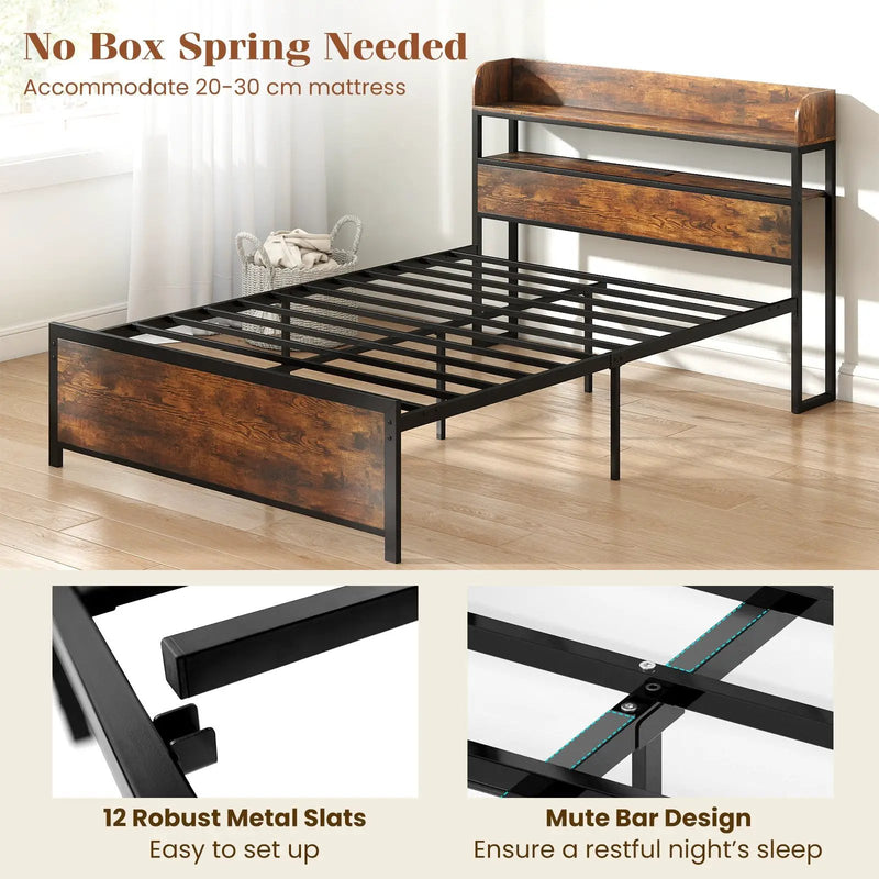 LED Bed Frame with Power Outlets and Storage Headboard-Full Size by DirectDeals