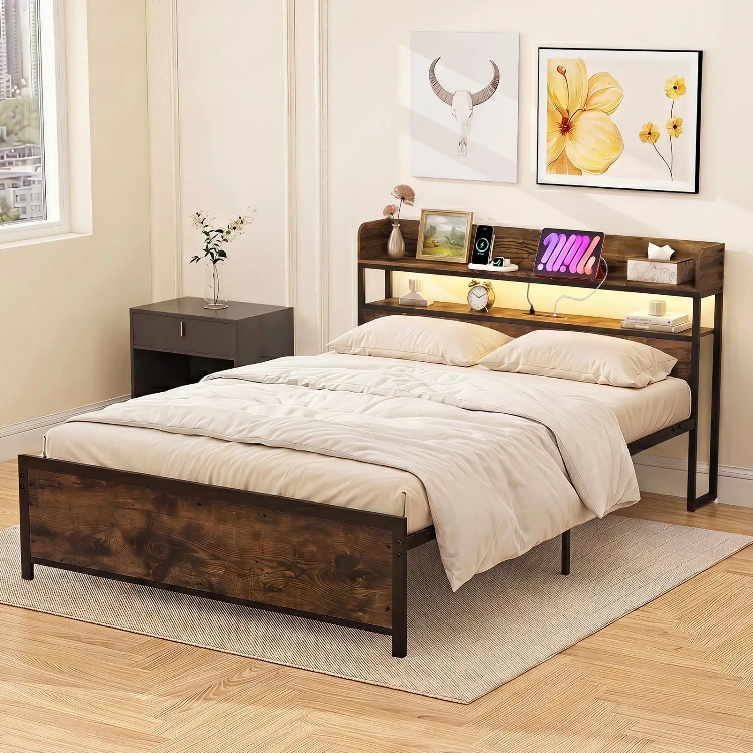 Queen LED Bed Frame with Power Outlets and Storage Headboard by DirectDeals