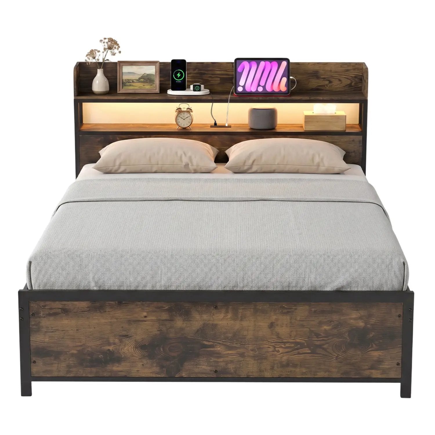 Queen LED Bed Frame with Power Outlets and Storage Headboard by DirectDeals