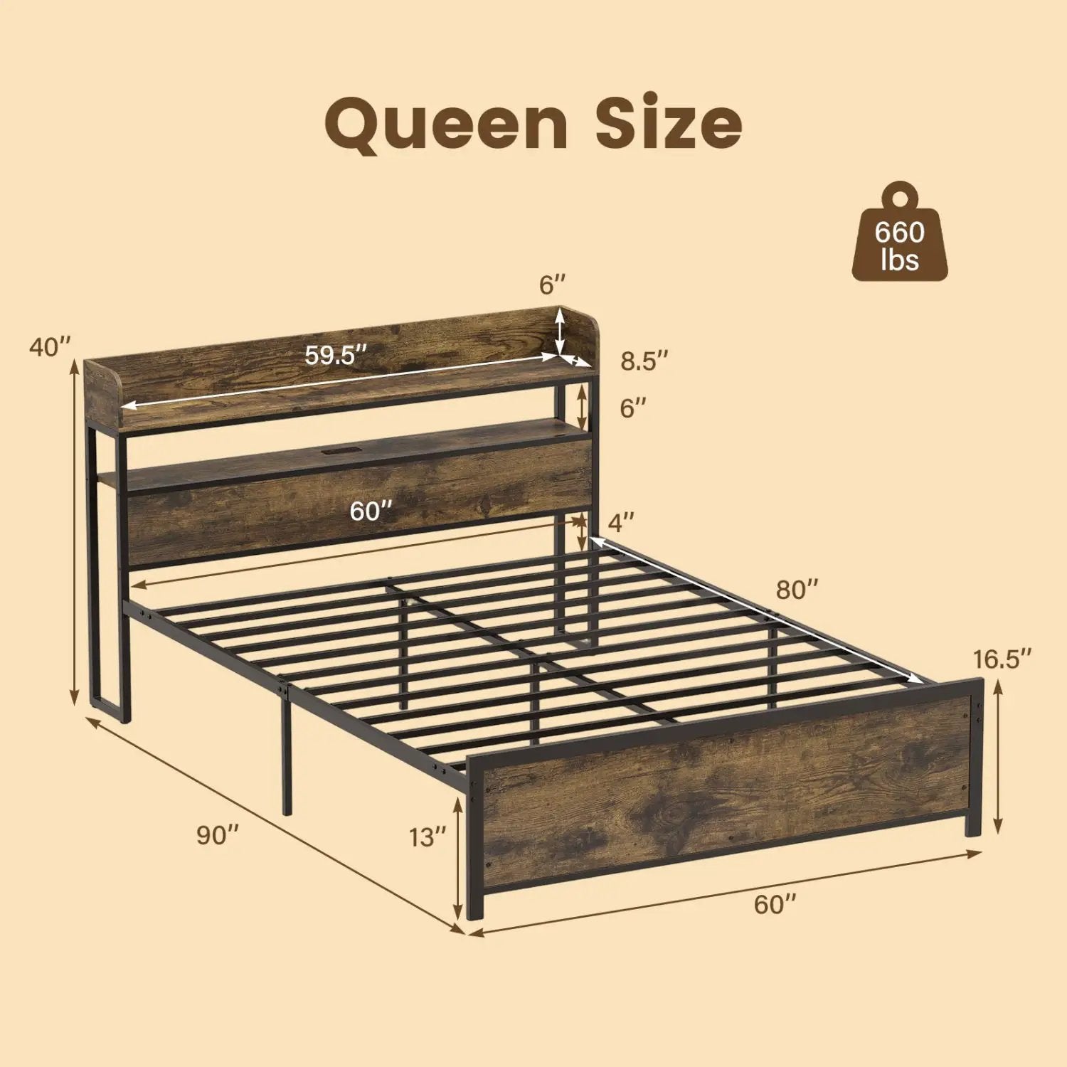 Queen LED Bed Frame with Power Outlets and Storage Headboard by DirectDeals