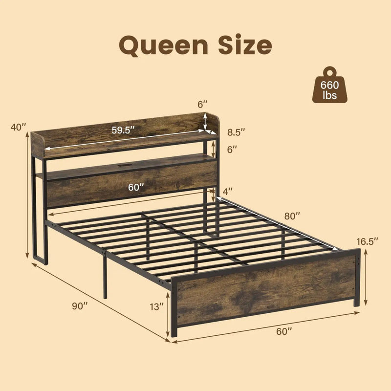 Queen LED Bed Frame with Power Outlets and Storage Headboard by DirectDeals
