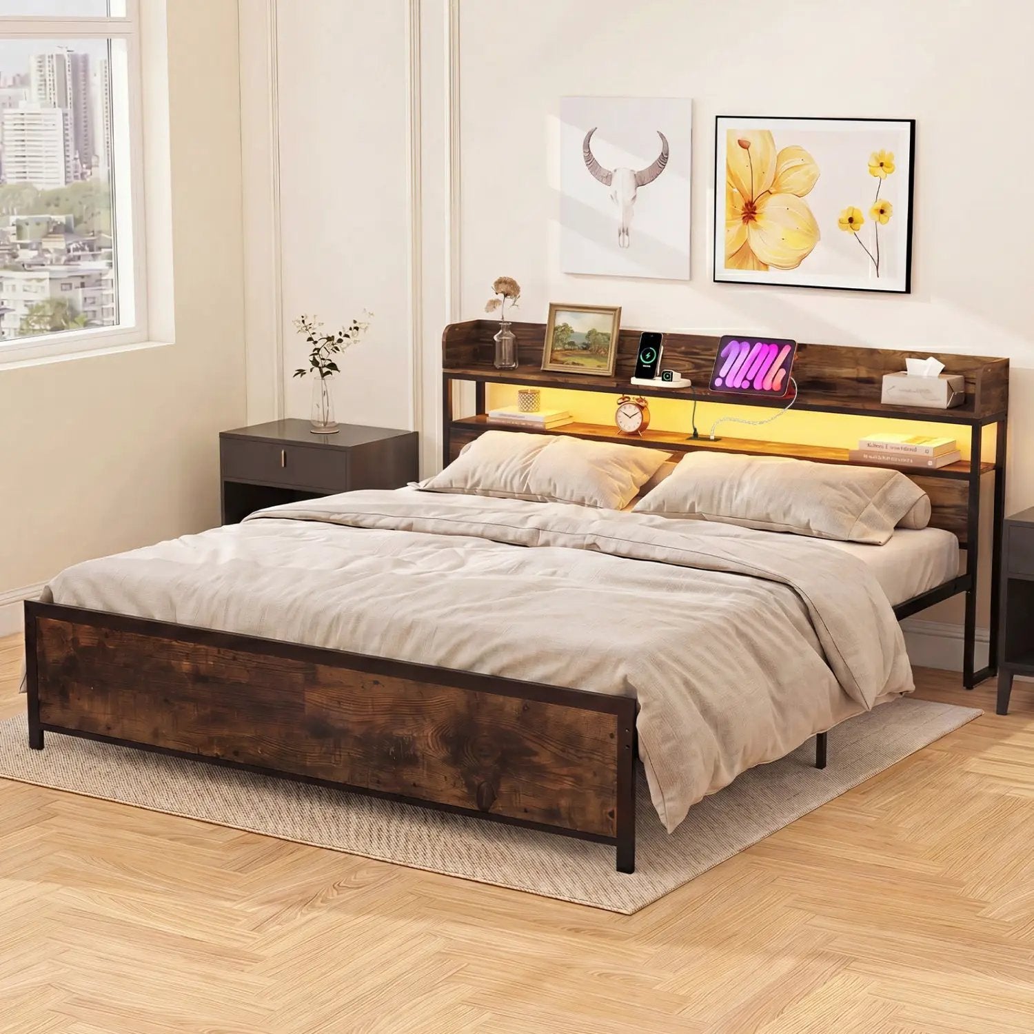 Queen LED Bed Frame with Power Outlets and Storage Headboard by DirectDeals