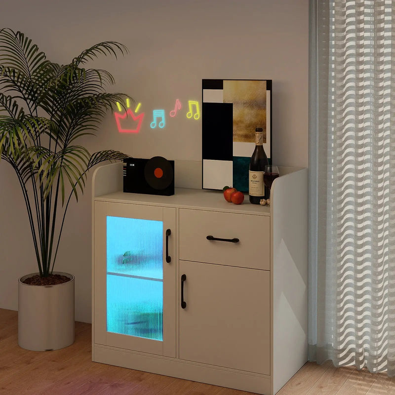 LED Buffet Sideboard with Charging Station with Drawer and Translucent Fluted Door-White by DirectDeals
