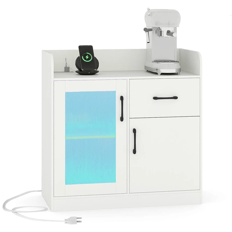 LED Buffet Sideboard with Charging Station with Drawer and Translucent Fluted Door-White by DirectDeals
