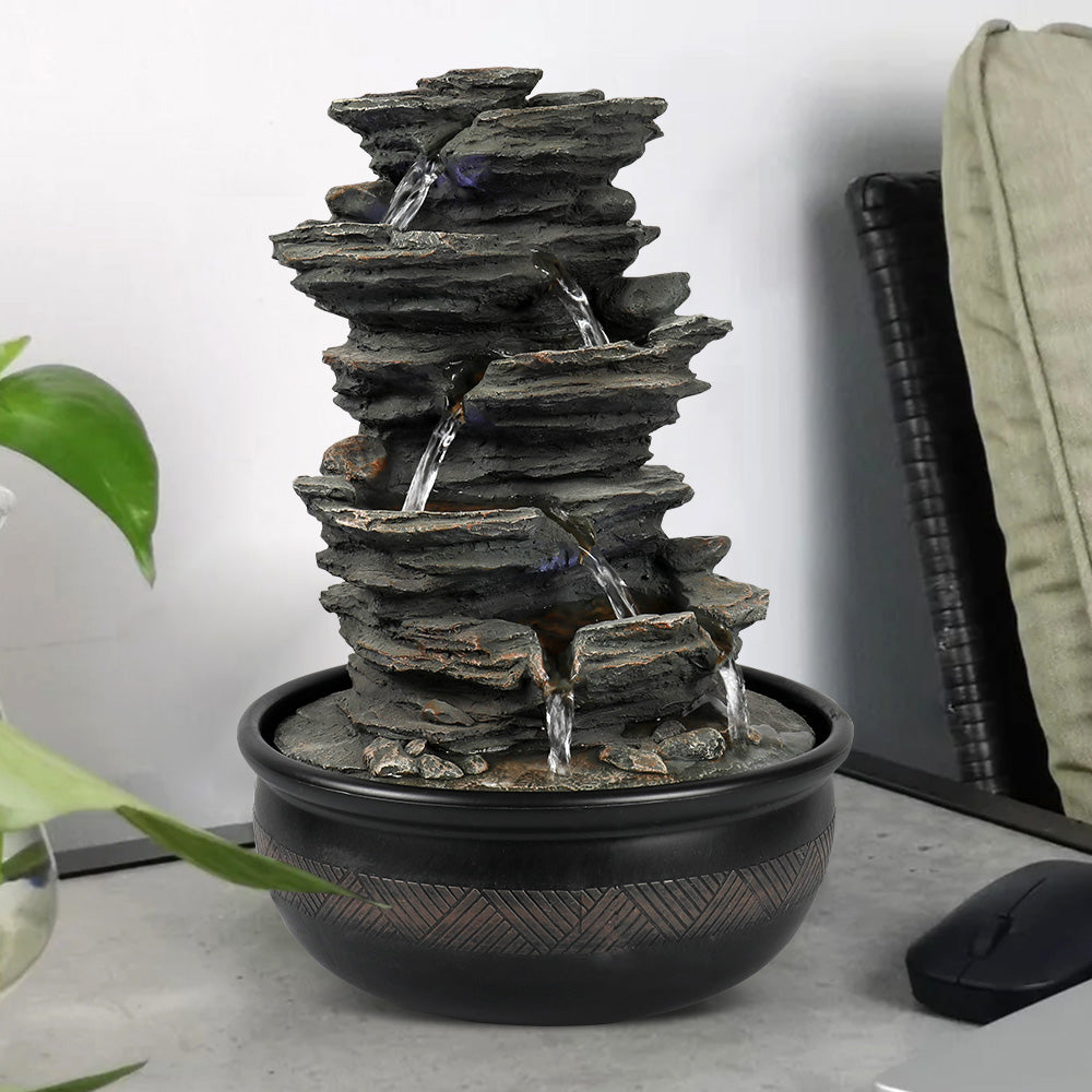 Resin 6 Tier Slate Tabletop Water Fountain 15 Inch LED, photo 3 of 12