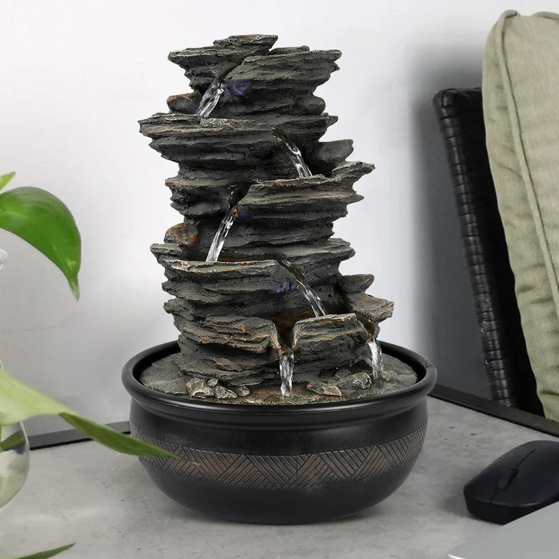 Resin 6 Tier Slate Tabletop Water Fountain 15 Inch LED, photo 3 of 12