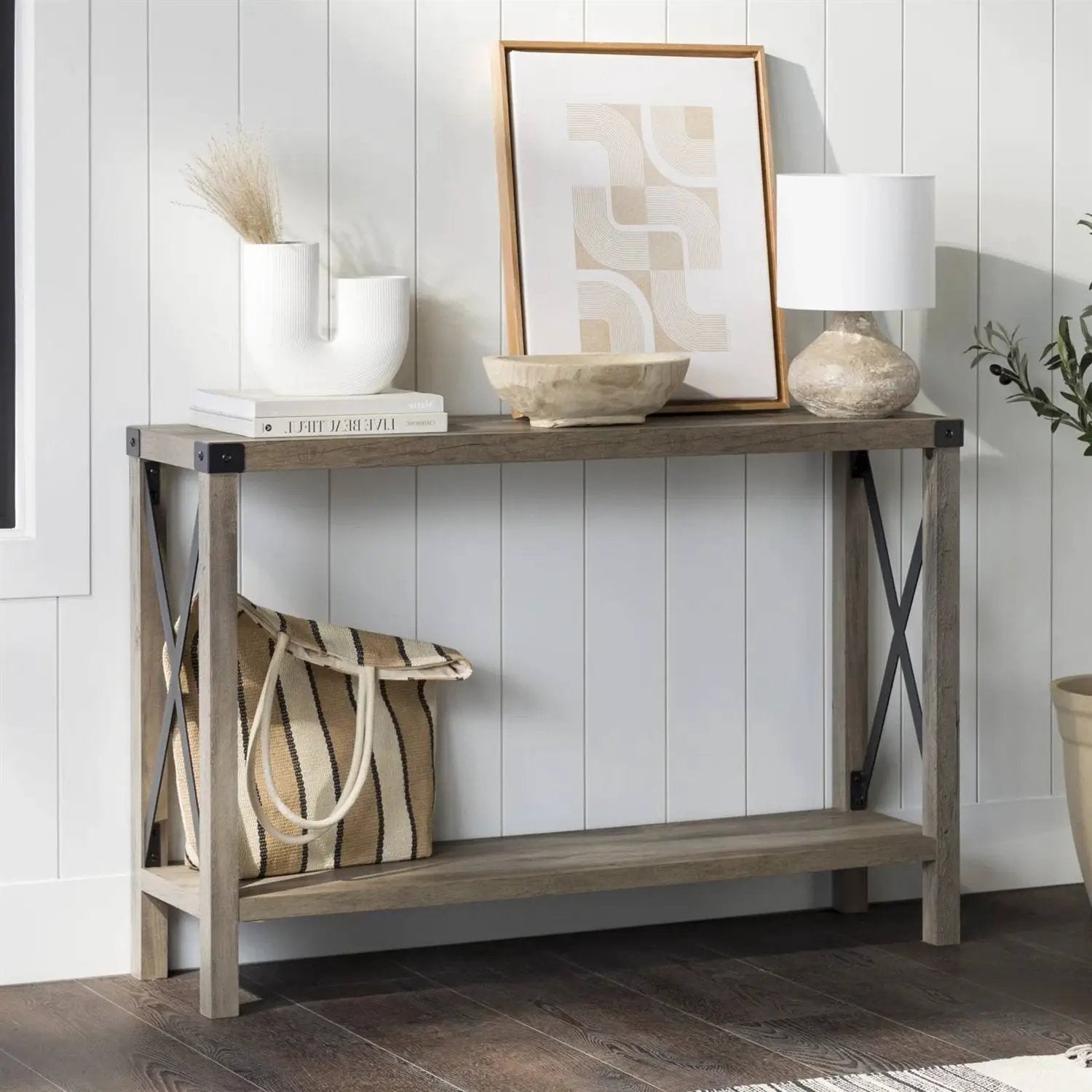 Industrial Farmhouse Entryway Table / Console Table in Taupe Grey Wood Finish by HomePacific
