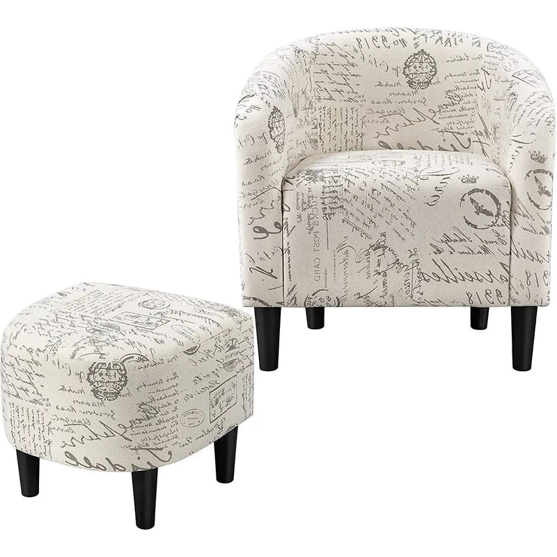 Letter Print French Upholstered Barrel Chair and Ottoman Set by HomePacific