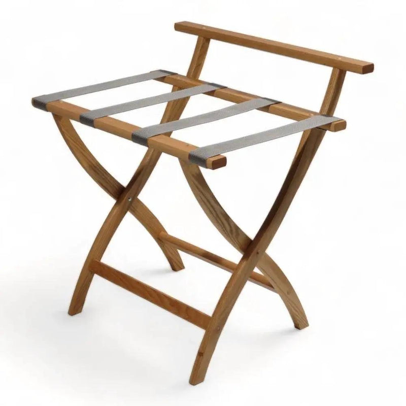 Solid Wood High Back Luggage Rack with Grey Straps in Light Wood Finish by HomePacific