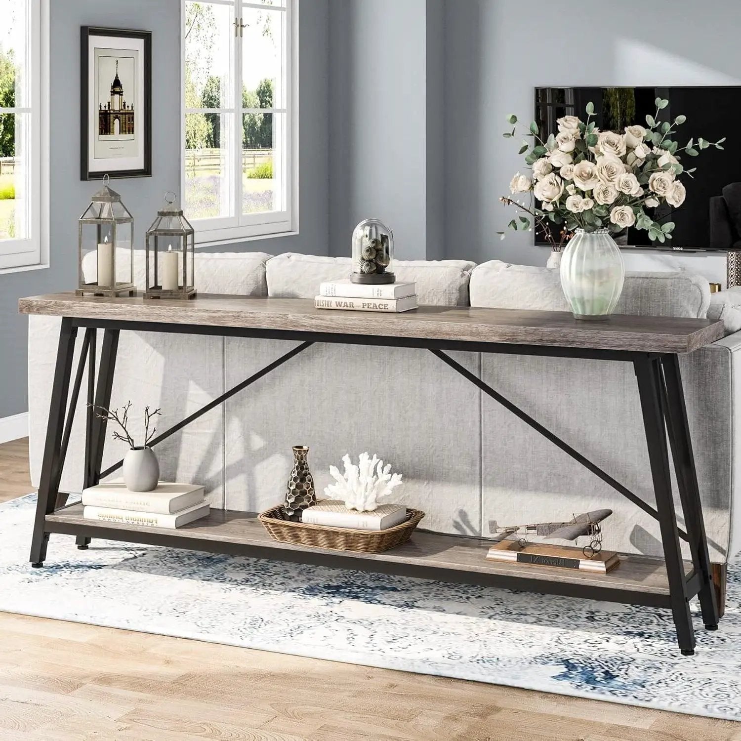 Heavy Duty 70-inch Industrial Grey Wood Top Sofa Table with Black Metal Frame by HomePacific