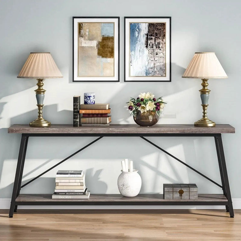 Heavy Duty 70-inch Industrial Grey Wood Top Sofa Table with Black Metal Frame by HomePacific