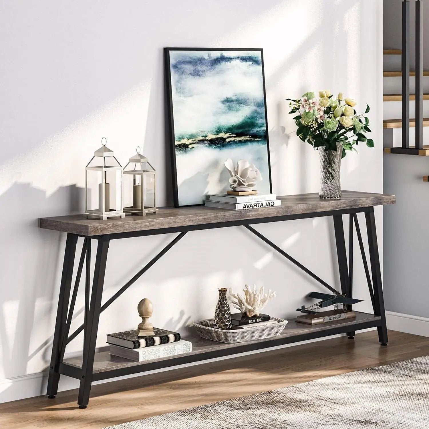Heavy Duty 70-inch Industrial Grey Wood Top Sofa Table with Black Metal Frame by HomePacific