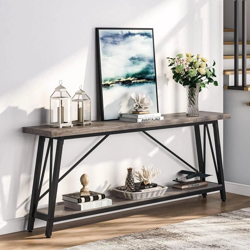 Heavy Duty 70-inch Industrial Grey Wood Top Sofa Table with Black Metal Frame by HomePacific