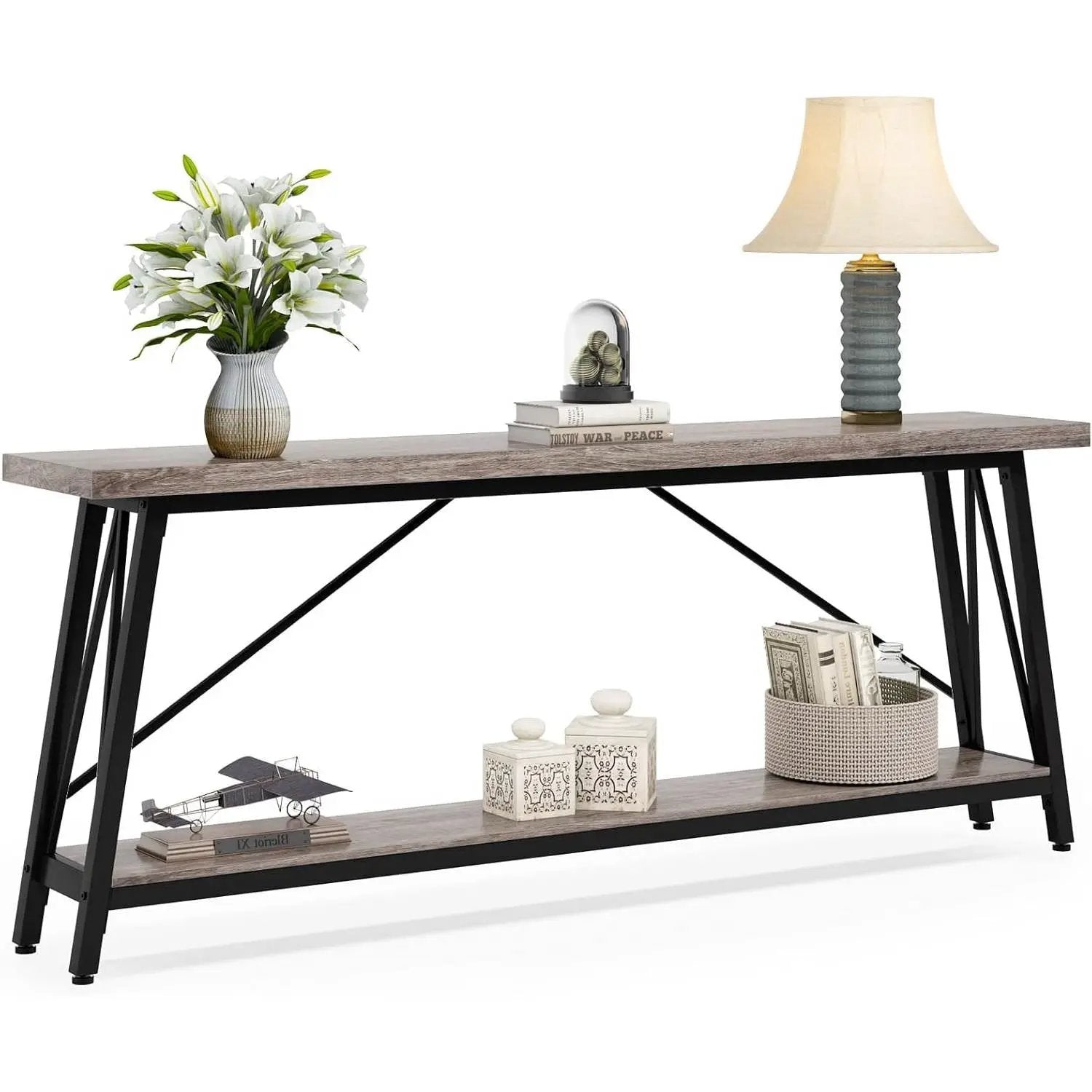 Heavy Duty 70-inch Industrial Grey Wood Top Sofa Table with Black Metal Frame by HomePacific