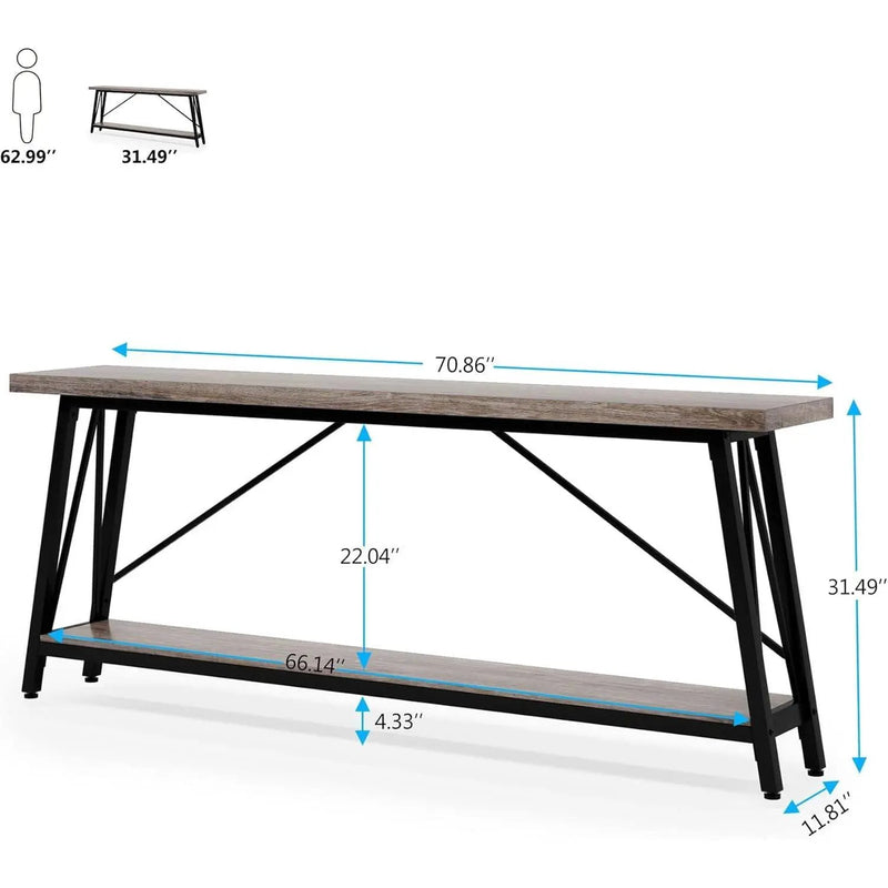 Heavy Duty 70-inch Industrial Grey Wood Top Sofa Table with Black Metal Frame by HomePacific