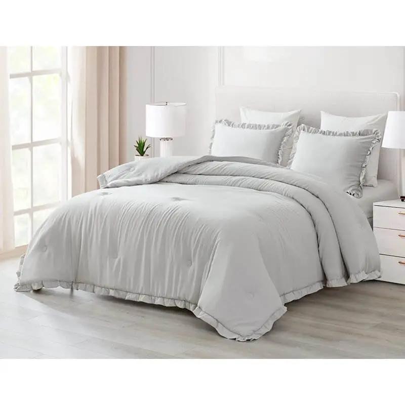 King Oversized Grey Ruffled Edge Microfiber Comforter Set by HomePacific