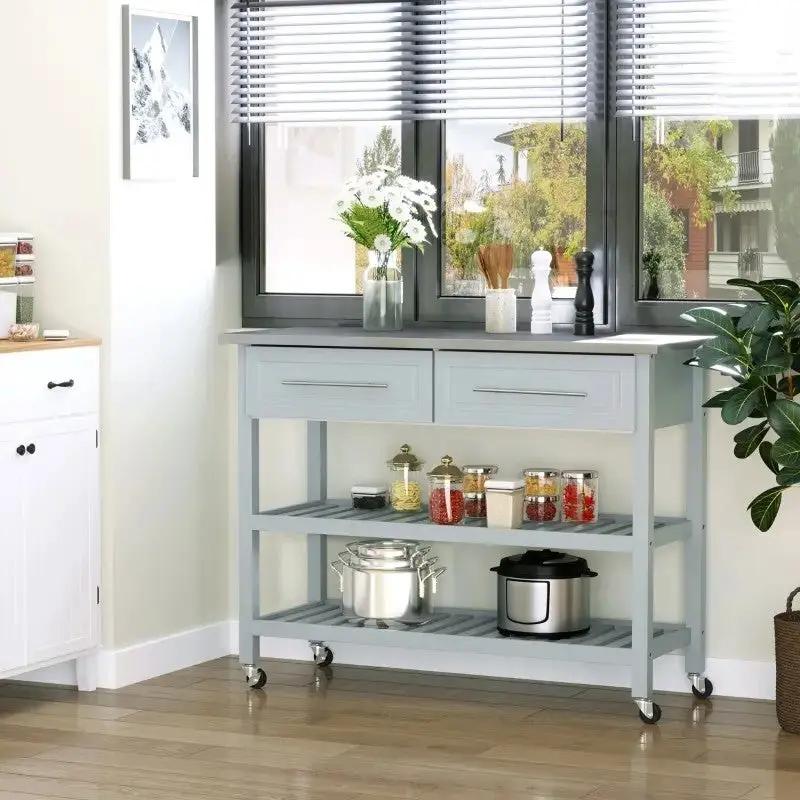 Light Gray Rolling Kitchen Island 2 Drawers Storage with Stainless Steel Top by HomePacific