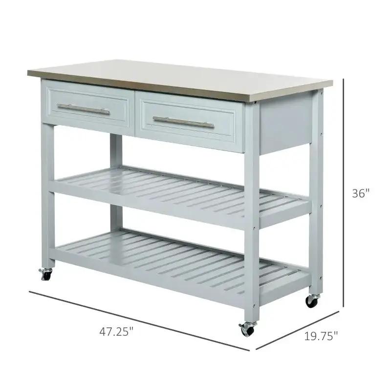 Light Gray Rolling Kitchen Island 2 Drawers Storage with Stainless Steel Top by HomePacific