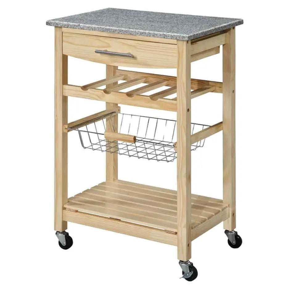 Natural Wood Finish Kitchen Island Cart with Granite Top by HomePacific
