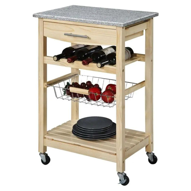 Natural Wood Finish Kitchen Island Cart with Granite Top by HomePacific