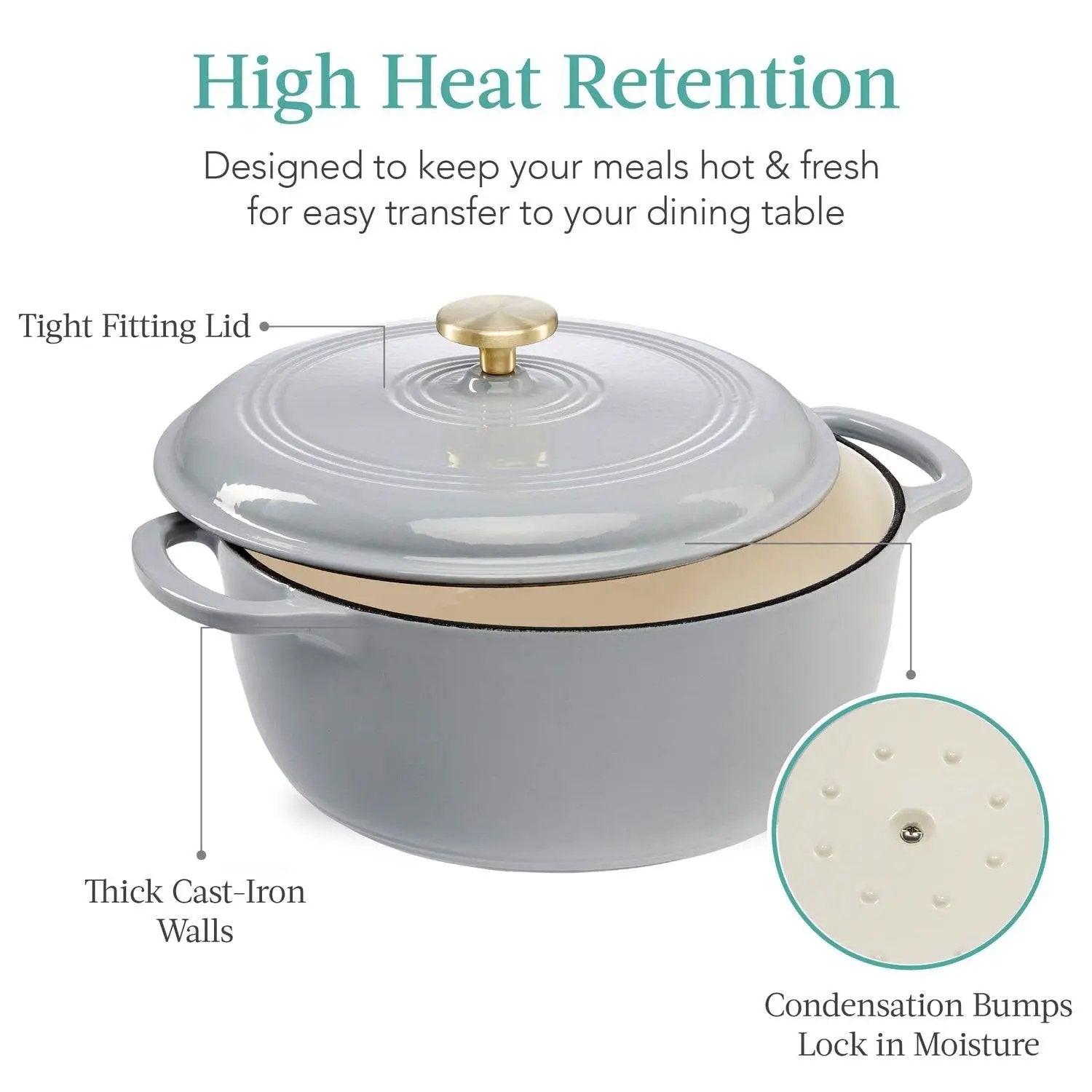 6 Quart Large Light Grey Enamel Cast-Iron Dutch Oven Kitchen Cookware by HomePacific