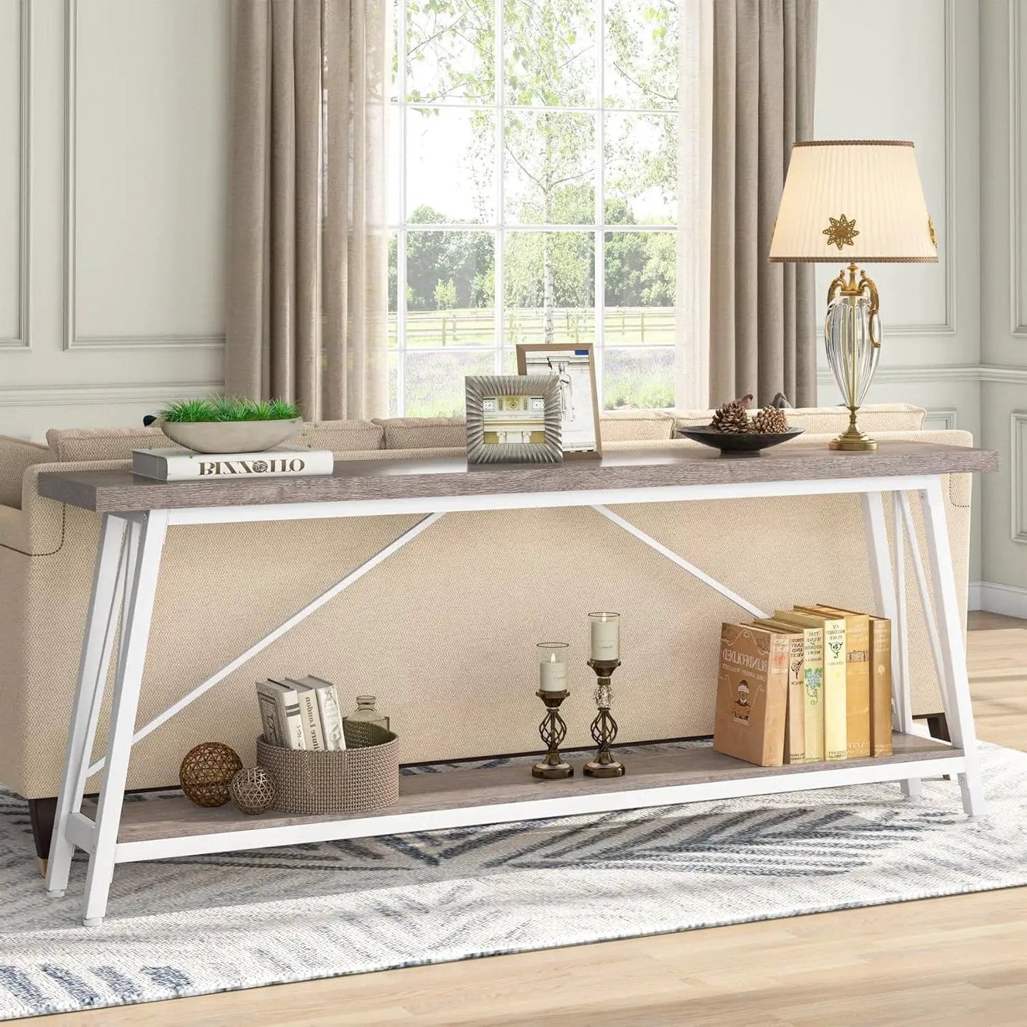 Heavy Duty 70-inch Industrial Grey Wood Top Sofa Table with White Metal Frame by HomePacific