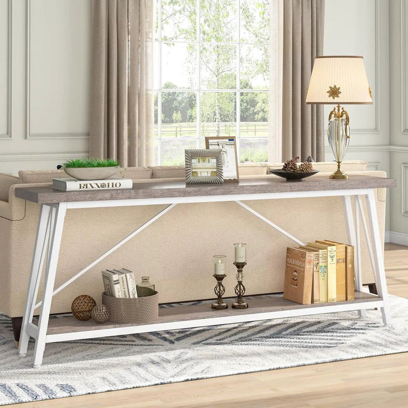 Heavy Duty 70-inch Industrial Grey Wood Top Sofa Table with White Metal Frame by HomePacific