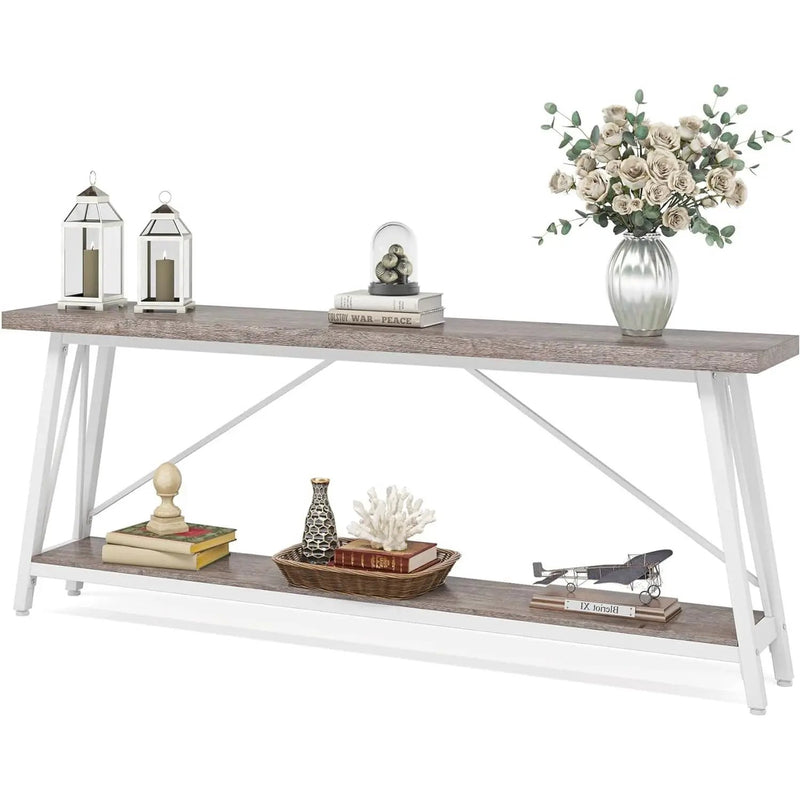 Heavy Duty 70-inch Industrial Grey Wood Top Sofa Table with White Metal Frame by HomePacific