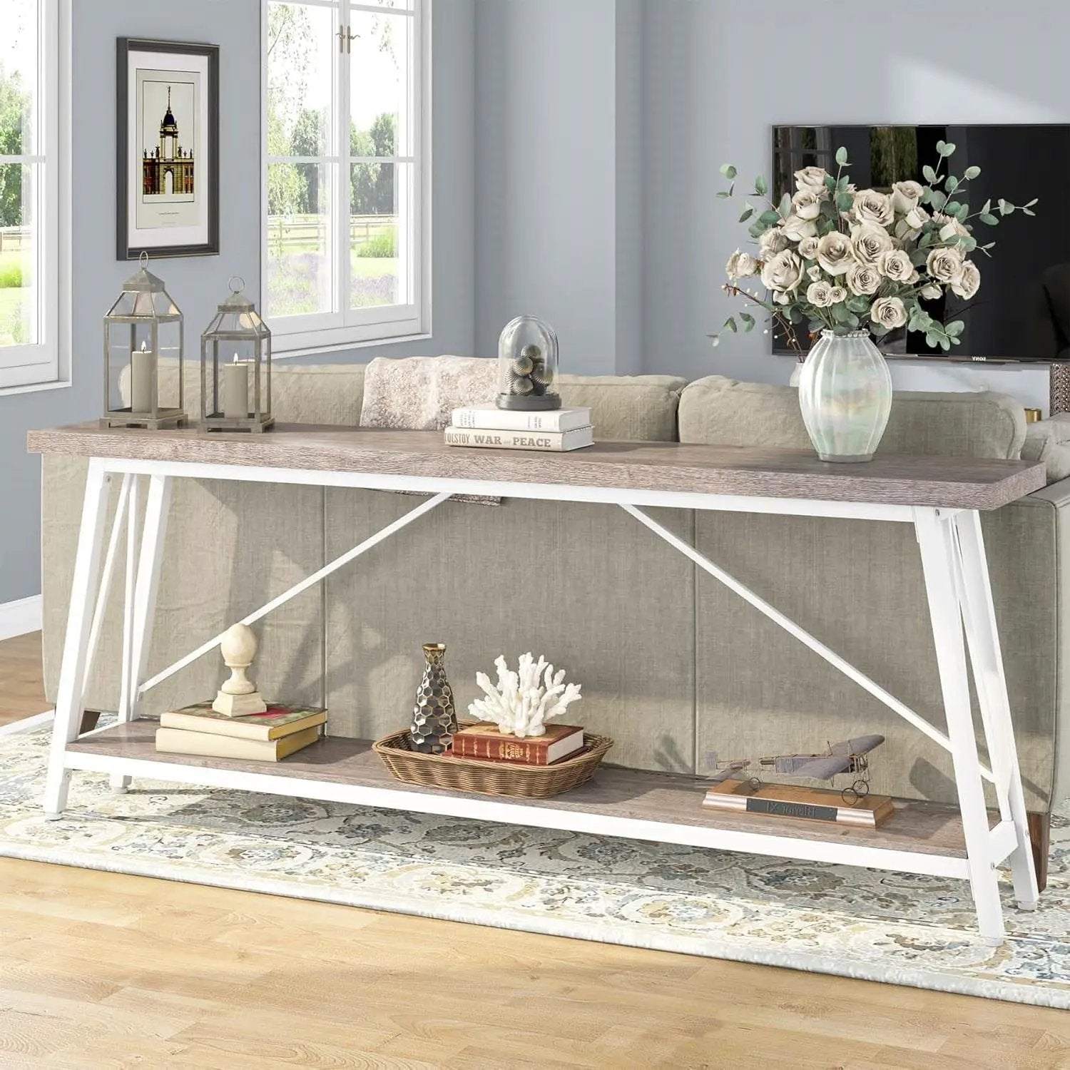 Heavy Duty 70-inch Industrial Grey Wood Top Sofa Table with White Metal Frame by HomePacific