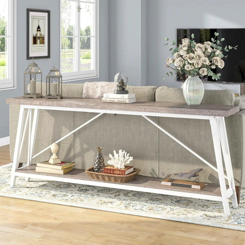 Heavy Duty 70-inch Industrial Grey Wood Top Sofa Table with White Metal Frame by HomePacific